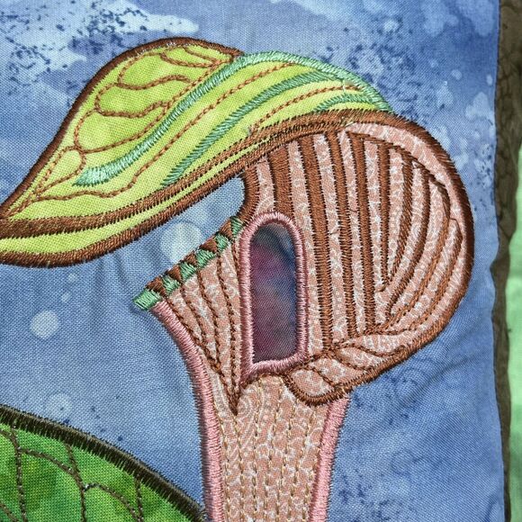 Vintage Floral Appliqué Embroidered Throw Pillow Quilted Batik Fabric Lily 20” - Picture 10 of 14